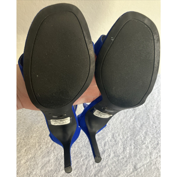 Anne Michelle Size 8 Royal Blue Faux Diamonds Open Toe High Heels Ankle Strap - Picture 10 of 16